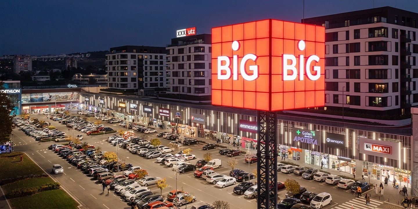BIG Fashion Park — noćni snimak iz vazduha: niz osvetljenih izloga duž parkinga i crvena BIG kocka na stubu